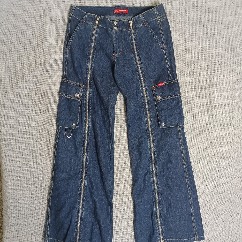 Phard Cargo Jeans Women 42 Dark Blue Excellent Y2K Multi Zip Flare H7464